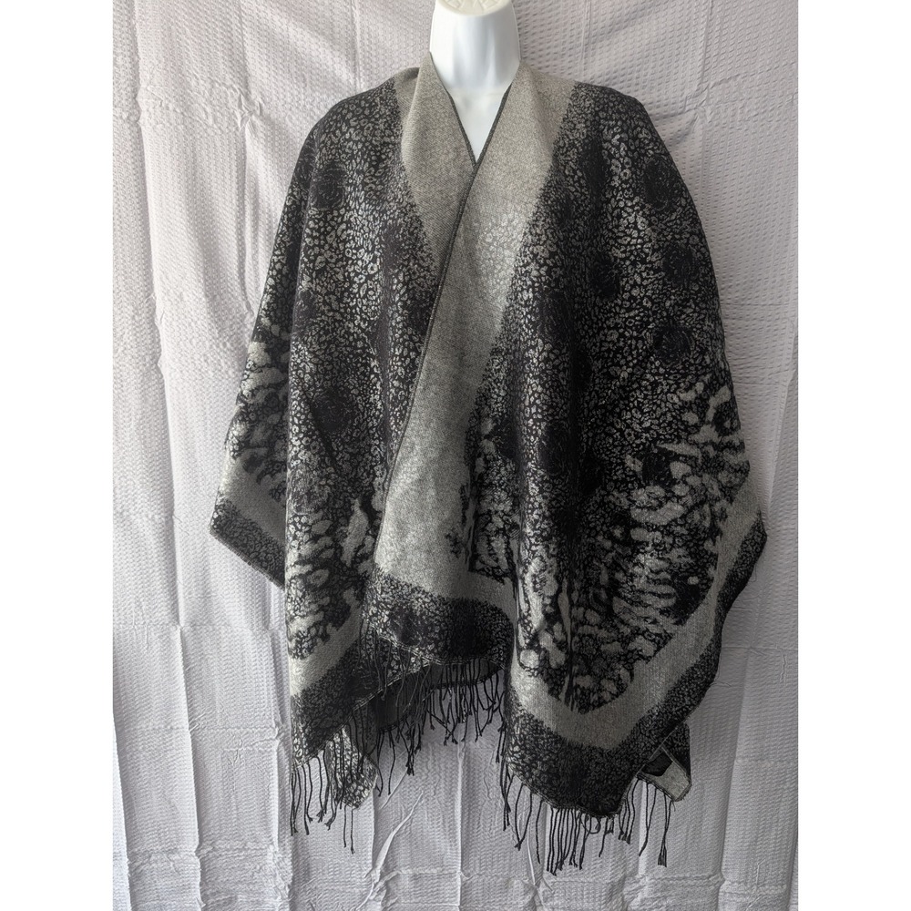 Black Gray Leopard Floral Fringe Open Front Poncho Wrap Shawl One Size